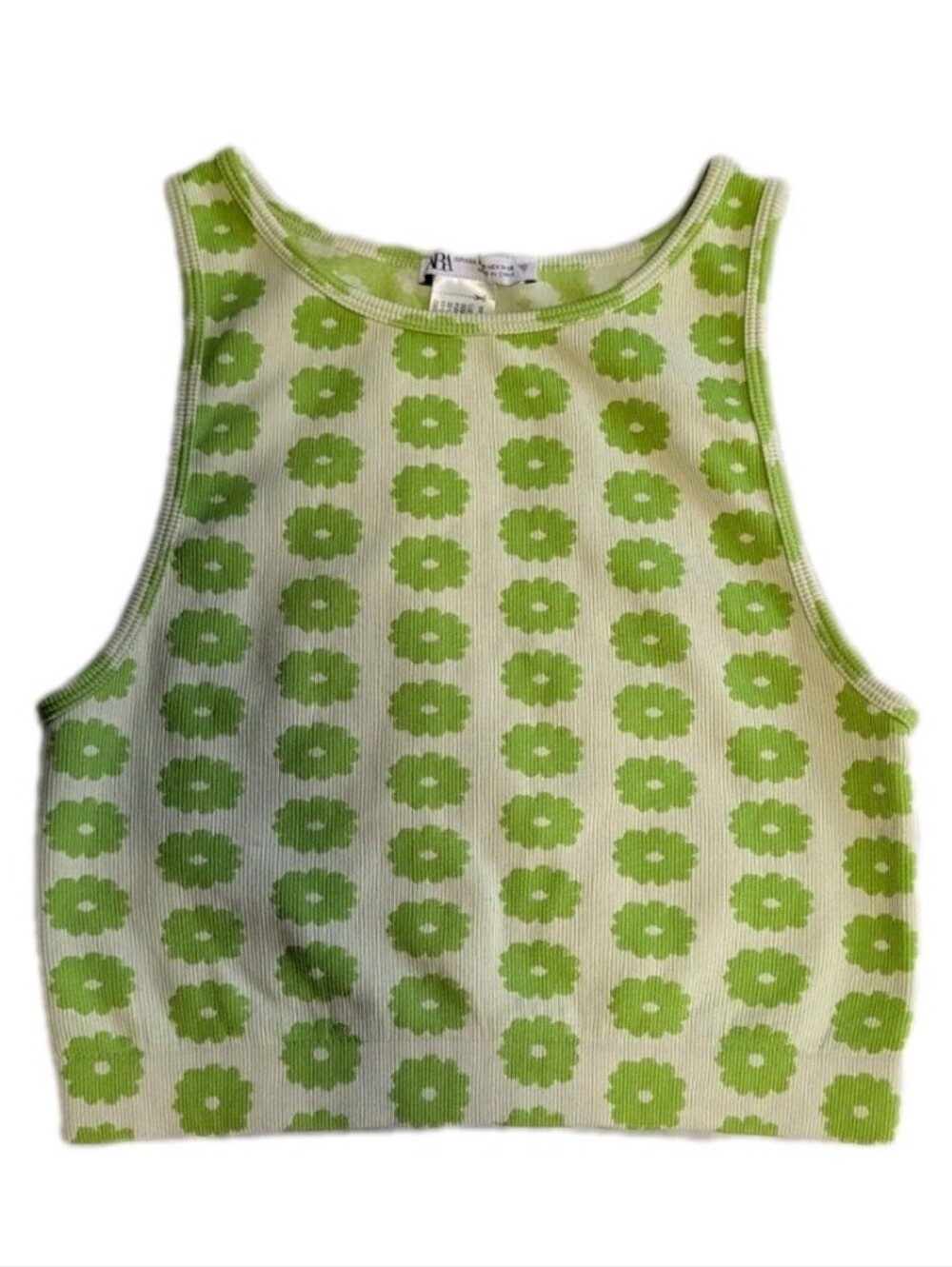 Zara Green Floral Ribbed Crop Tank Retro Y2K Cottagecore Sleeveless Size XS/S
